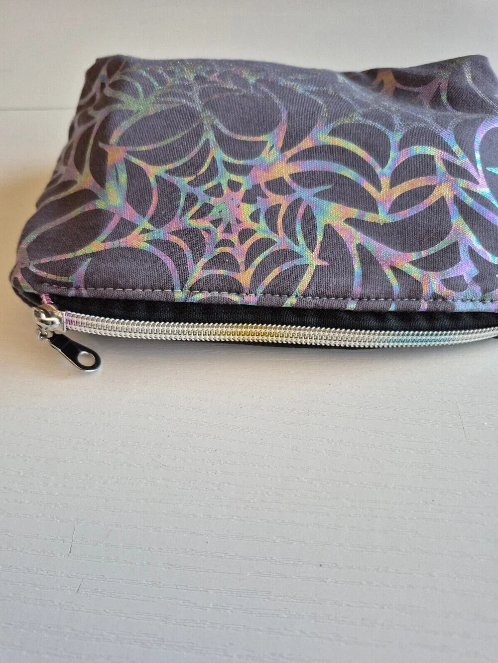 iridescent spider web grey Cosmetic Pouch, whimsical goth bag